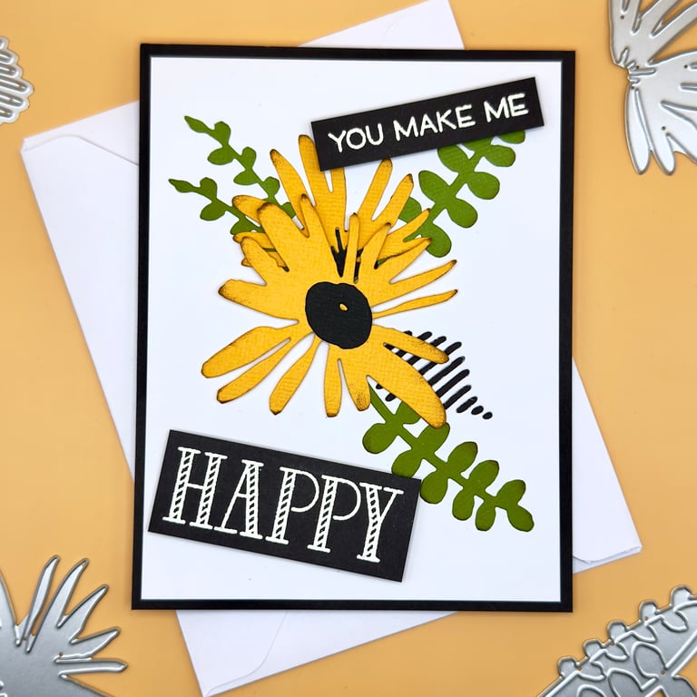 Handmade "You Make Me Happy" Card, Floral Design, Mixed Media Embellishments