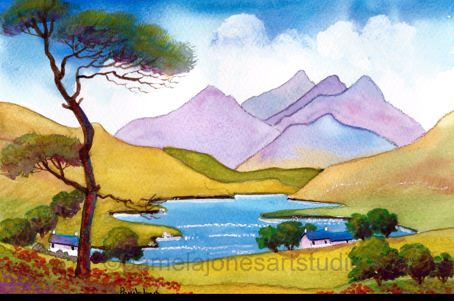 Tree, Lake, Snowdonia, Norrth Wales, Watercolour Print, in 8 x 6 '' Mount