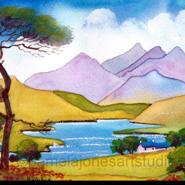 Tree, Lake, Snowdonia, Norrth Wales, Watercolour Print, in 8 x 6 '' Mount