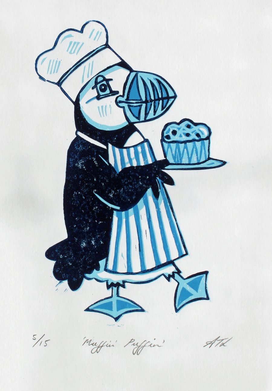 Muffin Puffin Lino Cut Print  