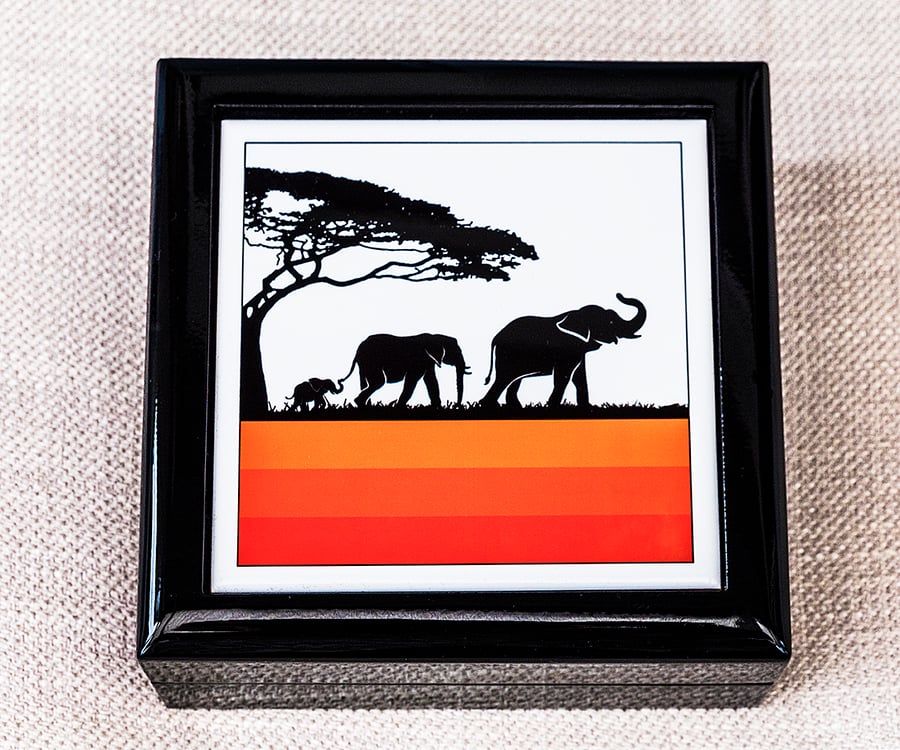 Graphic Elephant Family Jewellery or Keepsake Box - Gift for Wildlife Lover     