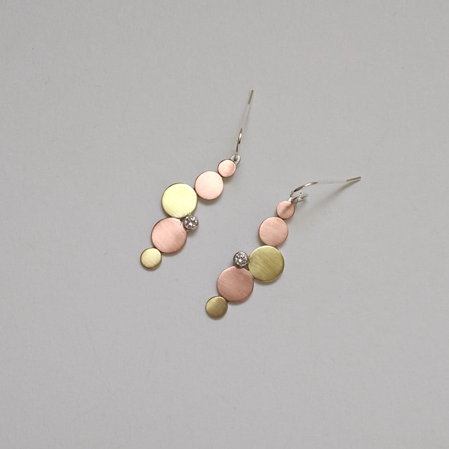 Pebbles Curved Long Earrings, Sterling Silver, Brass & Copper, Cubic Zirconia