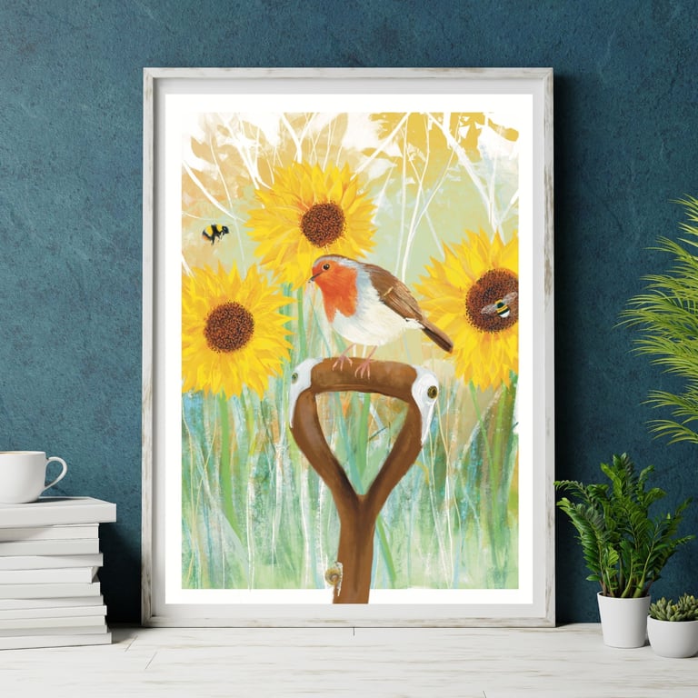 Robin and sunflower art print