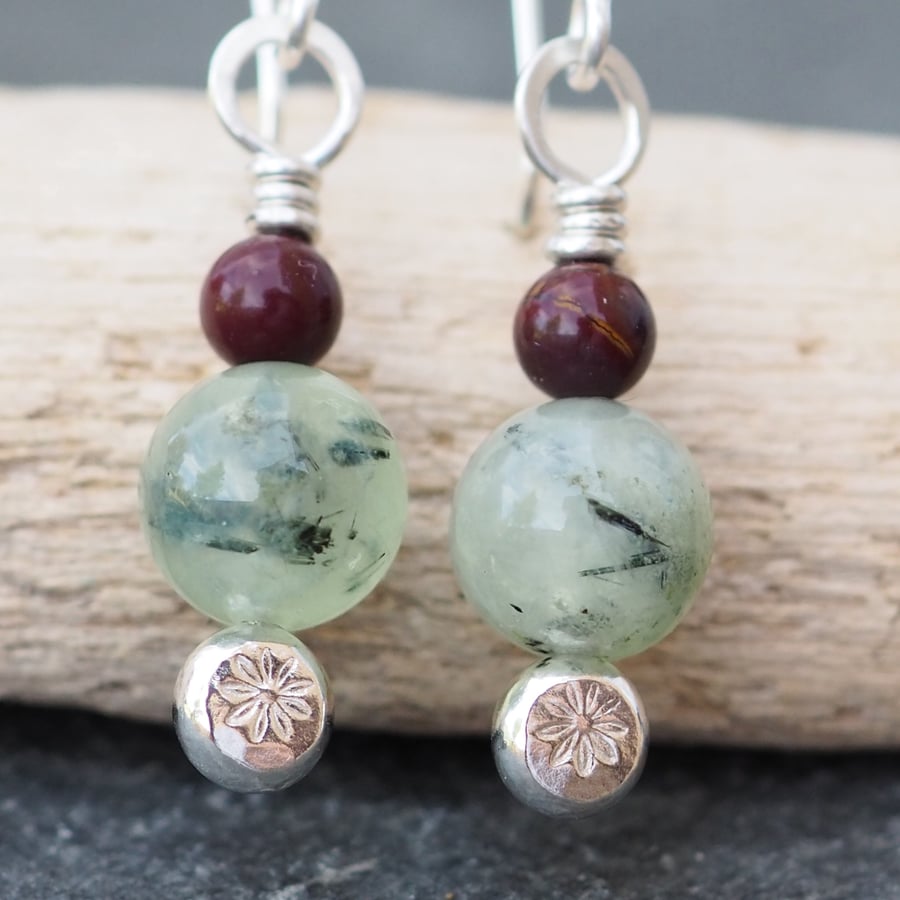 Earrings, Mookaite and Prehnite silver dangle drop earrings, handmade jewellery