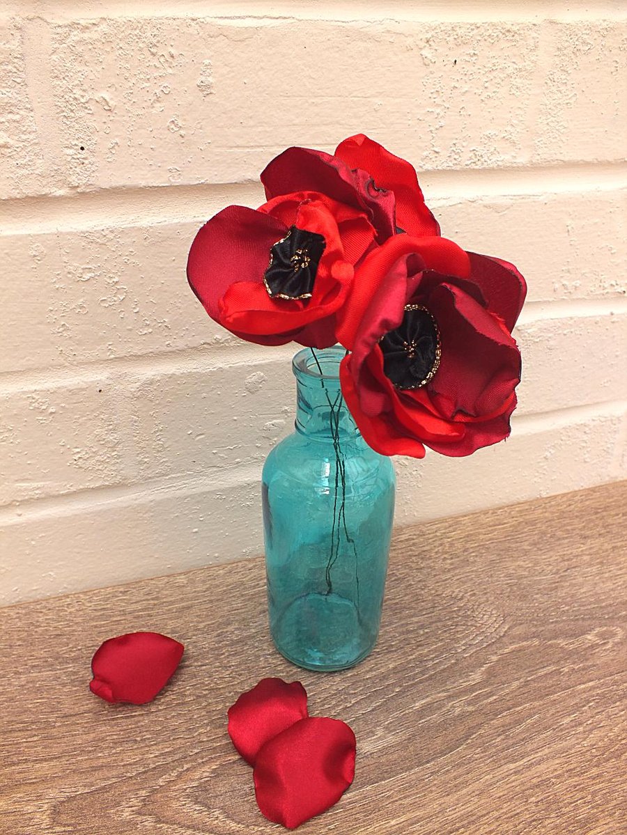 Satin and Ribbon Poppies in Blue Bottle