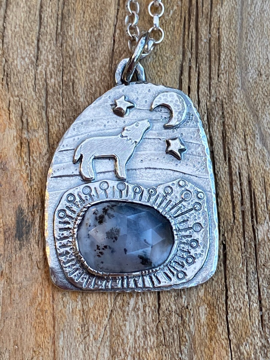 Wolf Pendant with Dendritic Opal 