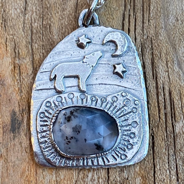 Wolf Pendant with Dendritic Opal 