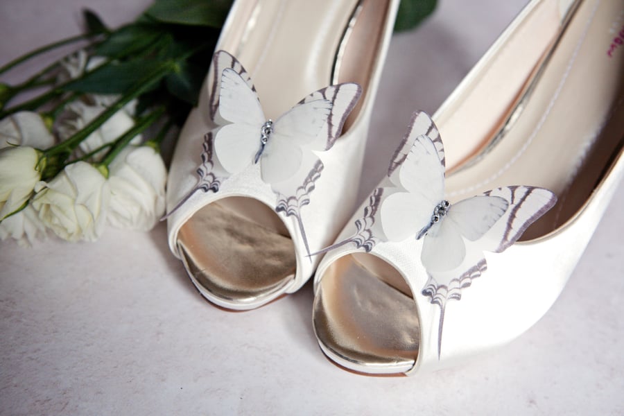 Ivory silk butterfly shoe clips with Swarovski Crystals