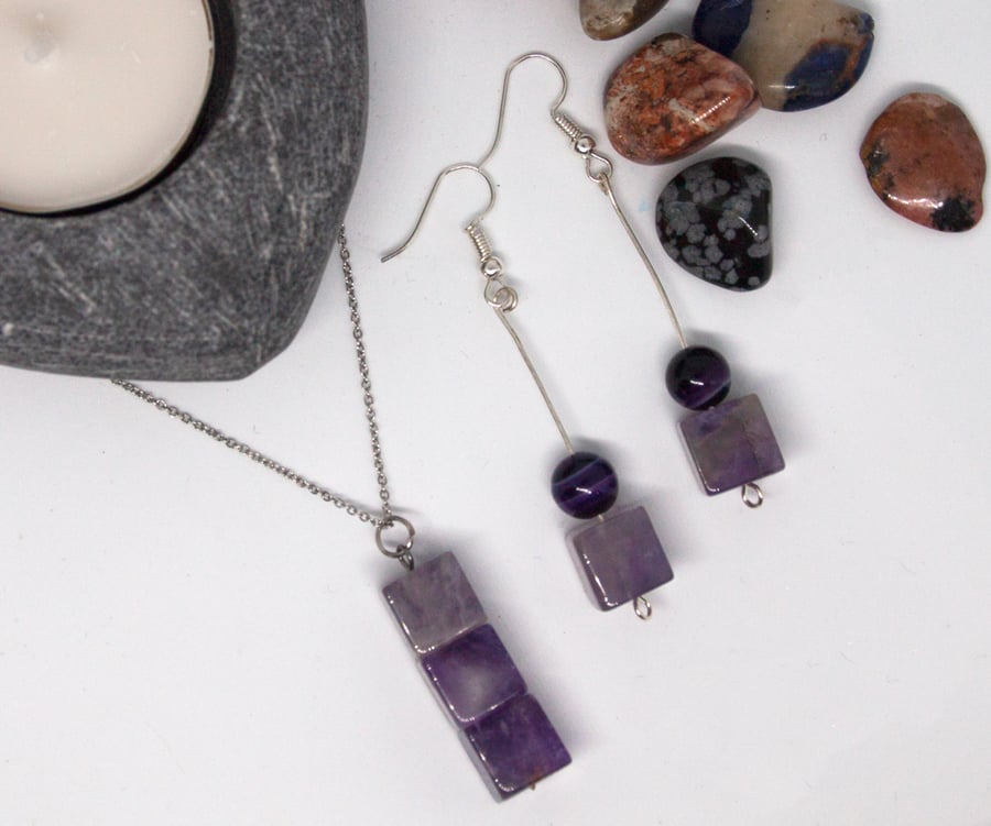 Amethyst Cube Stone necklace and earring set 