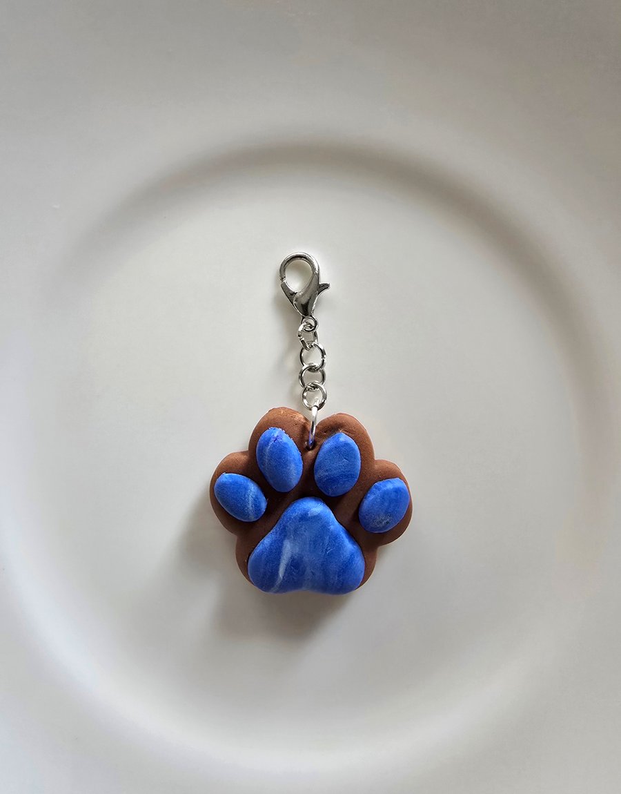 Polymer clay blue paw print keyring or bag charm