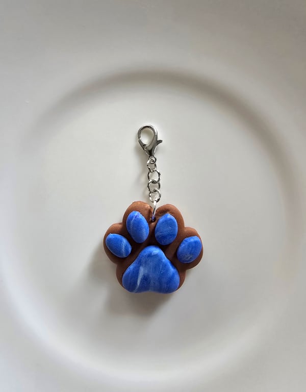 Polymer clay blue paw print keyring or bag charm