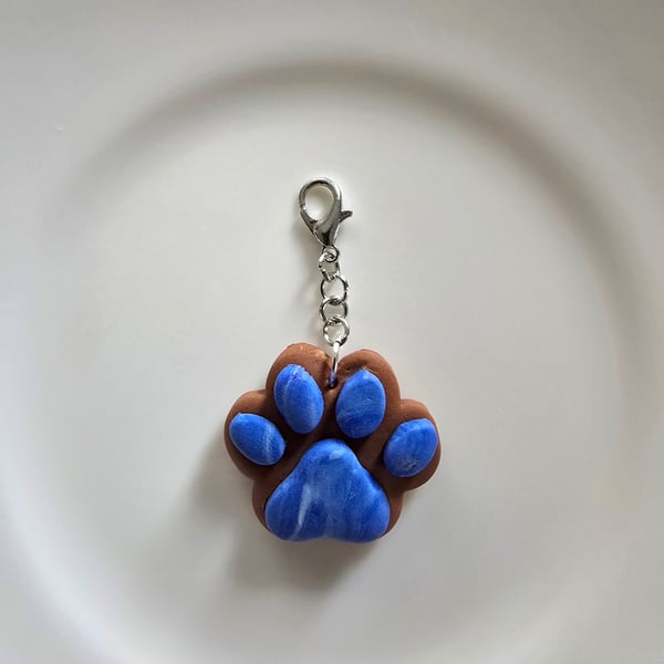 Polymer clay blue paw print keyring or bag charm