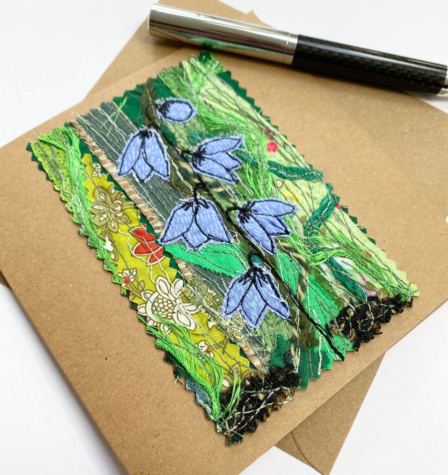 Up-cycled embroidered harebell flower garden card. 