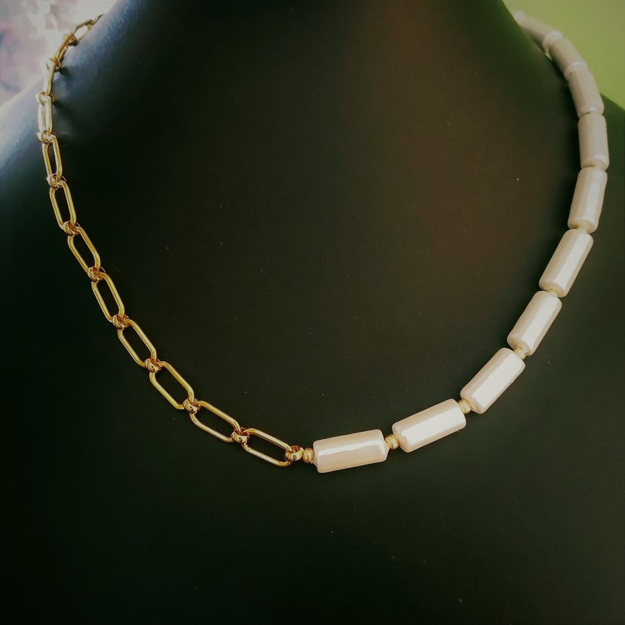 White Tube Shell Pearl Gold Plate Paperclip Chain Necklace 18 inch