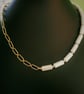 White Tube Shell Pearl Gold Plate Paperclip Chain Necklace 18 inch - Image 1