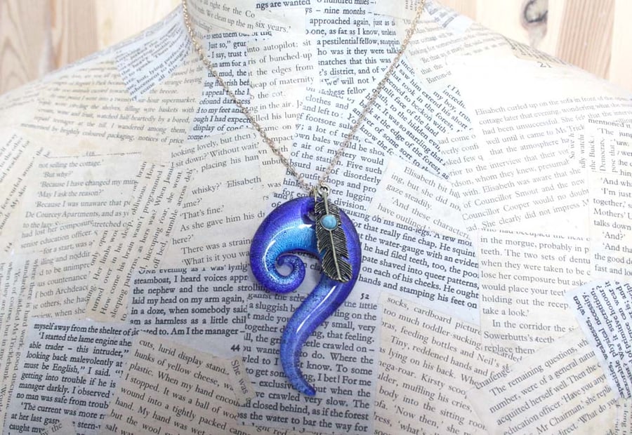 Blue Glass Swirl Gold Feather Charm Necklace