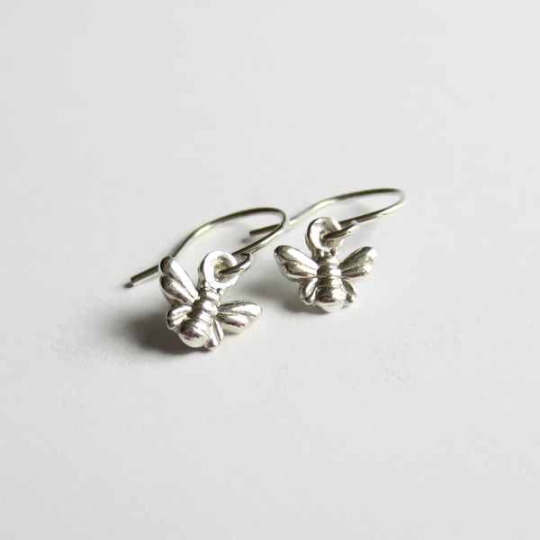 Tiny Fine Silver Bumble Bee Drop Earrings - Little Honey Bee Earrings