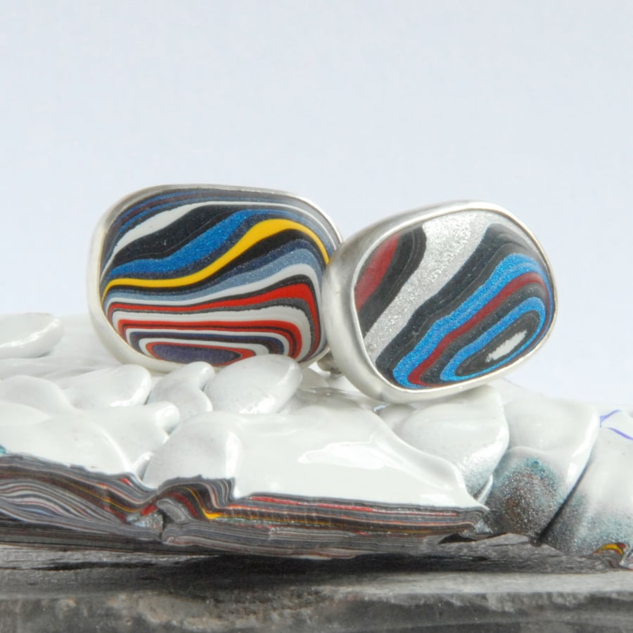 Small Harley fordite and silver swivel cufflinks
