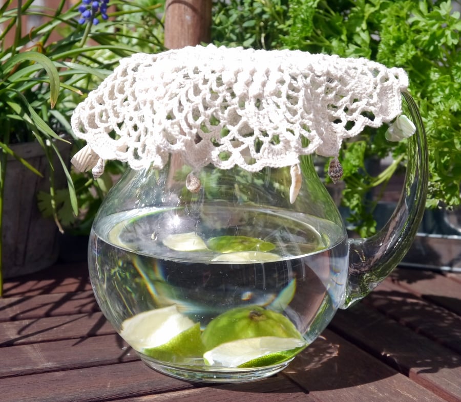 Summer Crochet Beaded Jug Cover With Shells