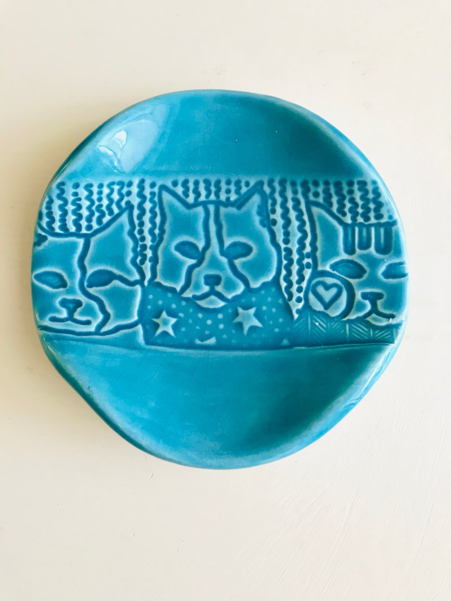 Cat faces ceramic turquoise trinket dish