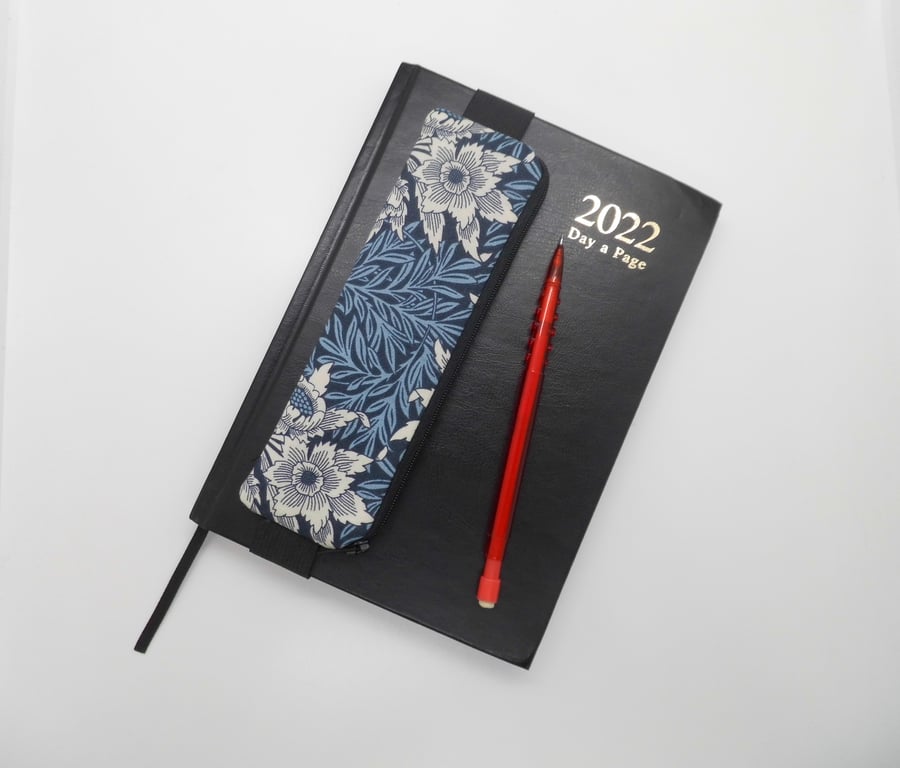 Mini pencil case elasticated attach to a diary journal notebook blue fabric