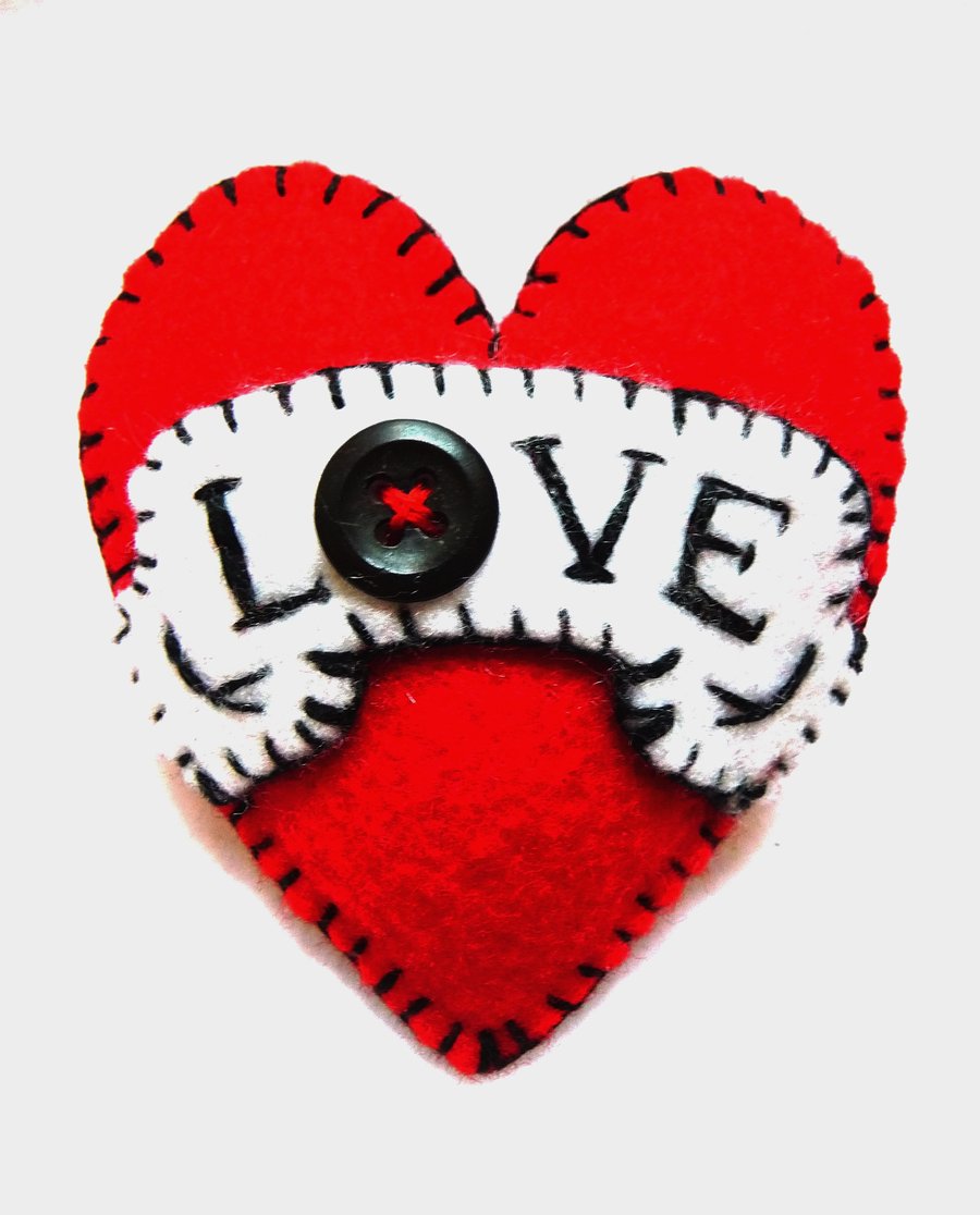 FB120 - Hot Red LOVE Heart Shape Handmade Felt Brooch For Your Loved One 