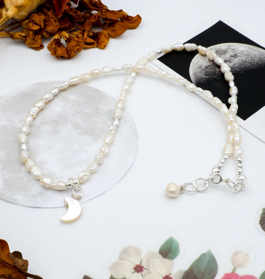 Pearl Necklace - Freshwater Baroque Rice Pearl Sterling Silver Crescent Moon
