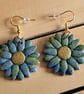 Polymer Clay Blue and Gold Flower Earrings, 316 Surgical Stainless Steel - Image 2