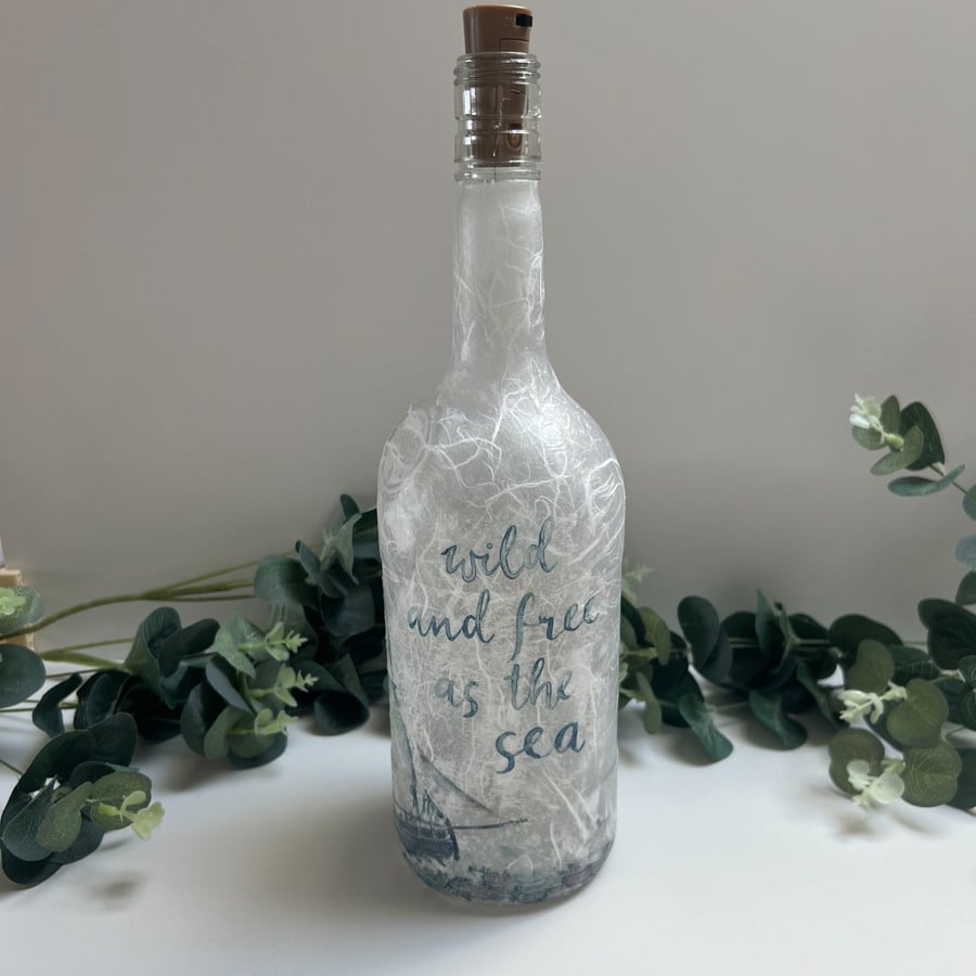 Decoupage Bottle Light Ship, Coastal, Nautical Home Decor