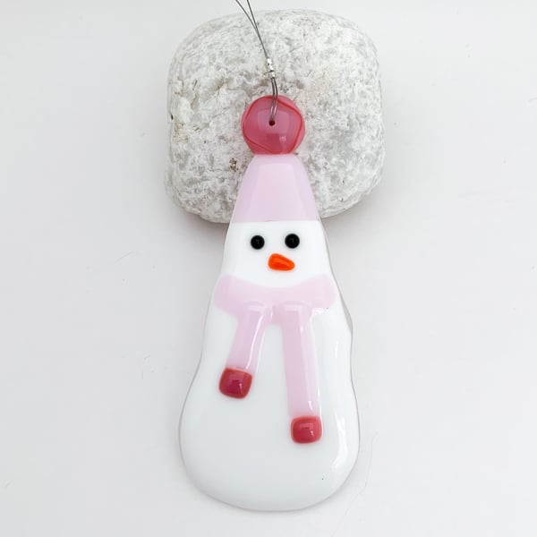 Fused Glass Pink Snowman - Handmade Glass Christmas Decoration