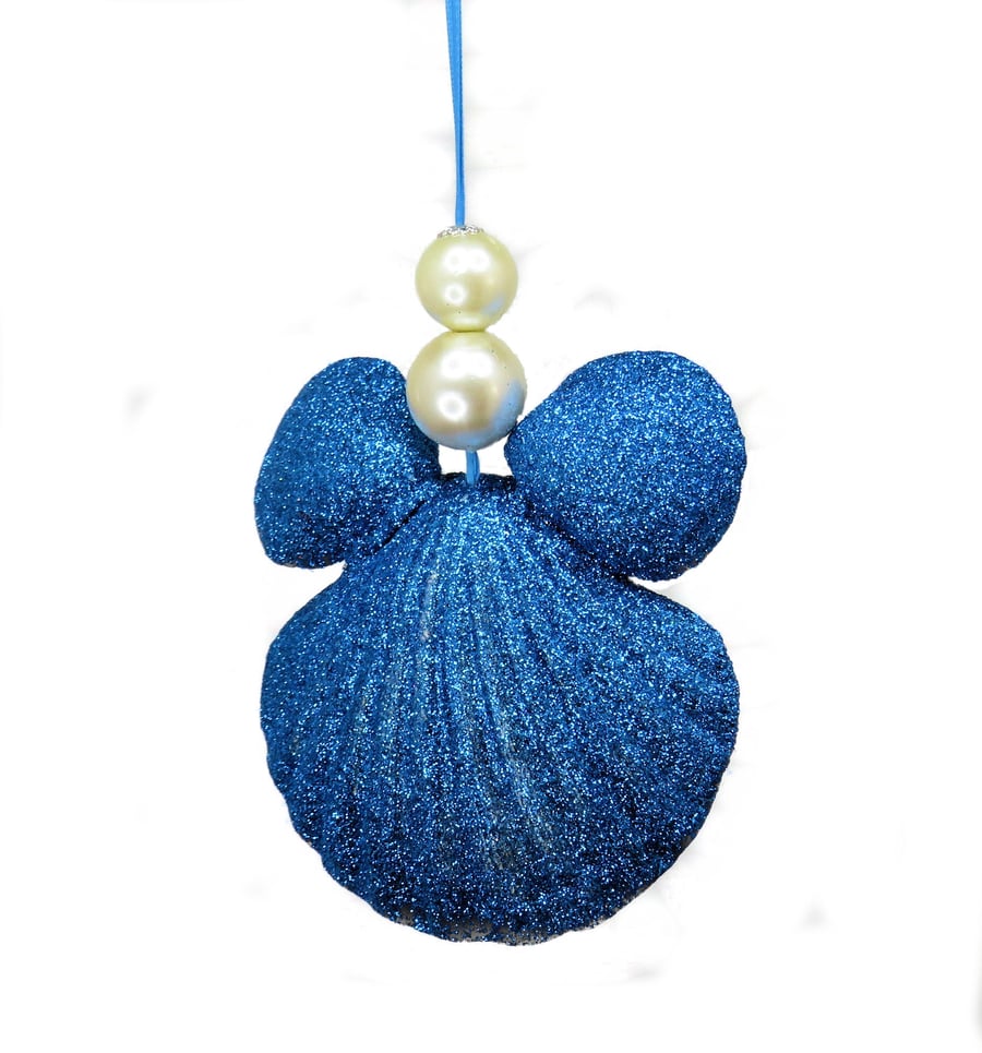 Cute blue handmade guardian angel glittering ornament shell for Xmas or Yule