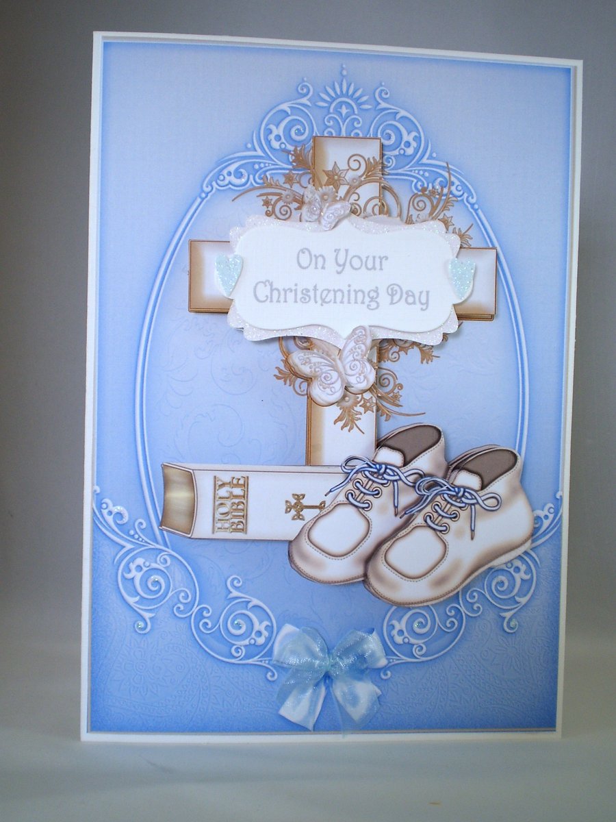 Handmade Christening Card for boy, decoupage,3D, cross,shoes,bible,personalise