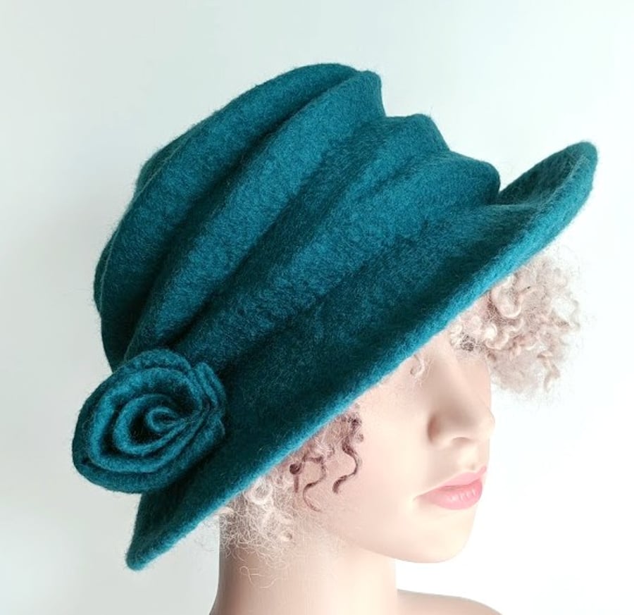 Bright teal green felted wool hat - 'The Crush' - designed to pack flat