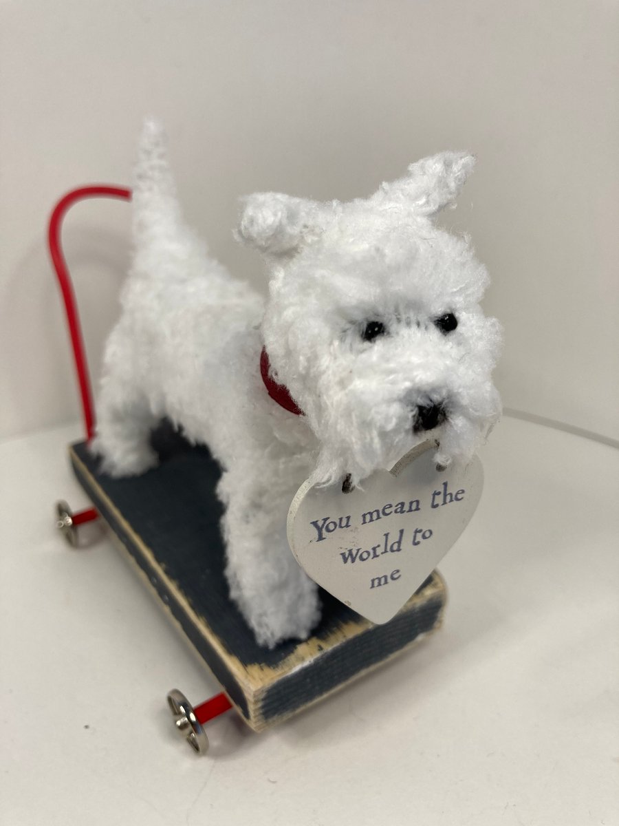 Miniature Handmade Dog on a Push Along Trolley with Wheels 