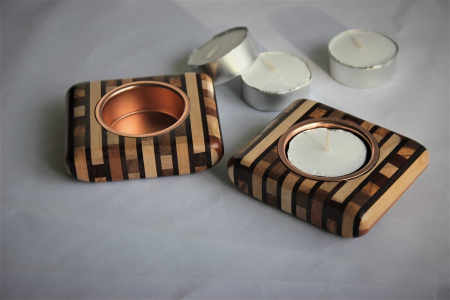 Laminated strip wood tealight holders