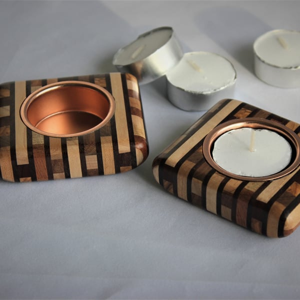 Laminated strip wood tealight holders