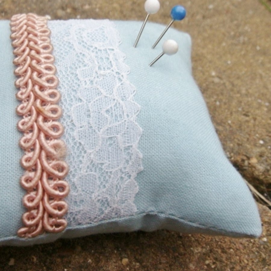 Pin Cushion vintage lace and blue cotton with braid detail