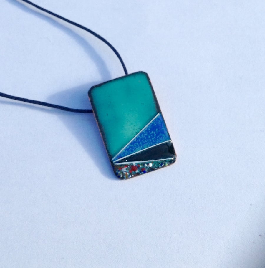 OBLONG, ENAMELLED COPPER PENDANT, DECO DESIGN WITH STERLING SILVER