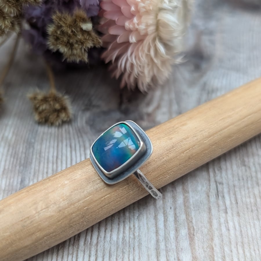 Sterling Silver Blue Aurora Opal Ring UK Size M