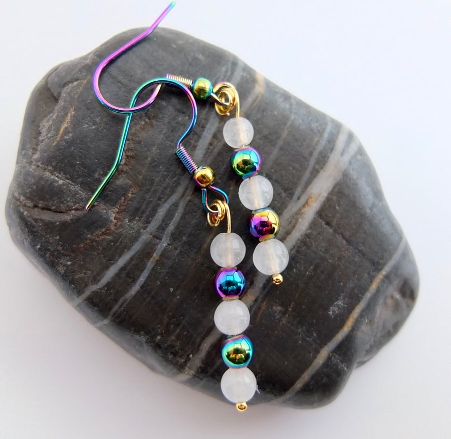 Rainbow Hematite And Snow Quartz Earrings - Handmade In Devon.