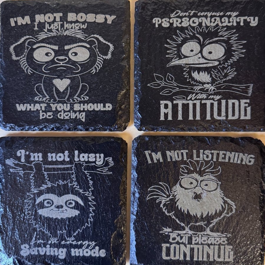 Funny Animal Slate Coasters Set of 4 with Holder - Rustic Gift UK