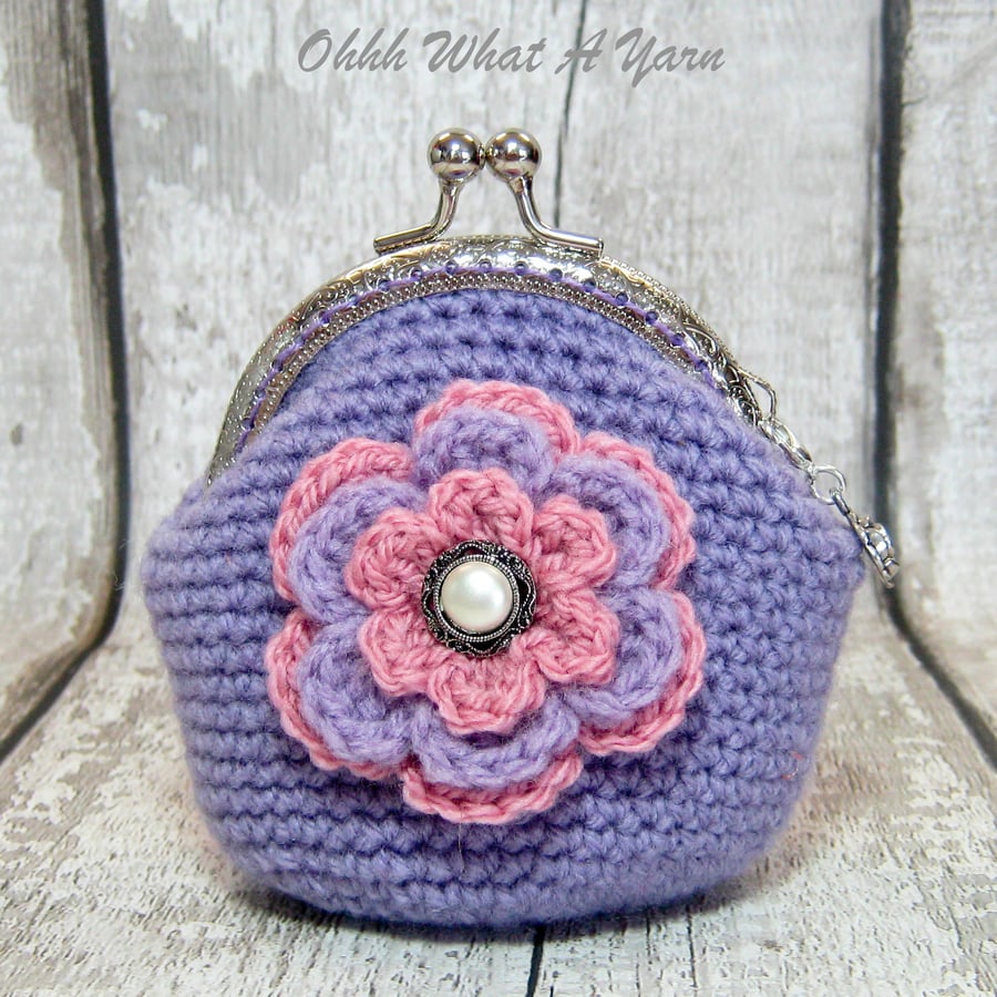 Crochet lilac flower coin purse, flower purse, clasp purse, coin purse