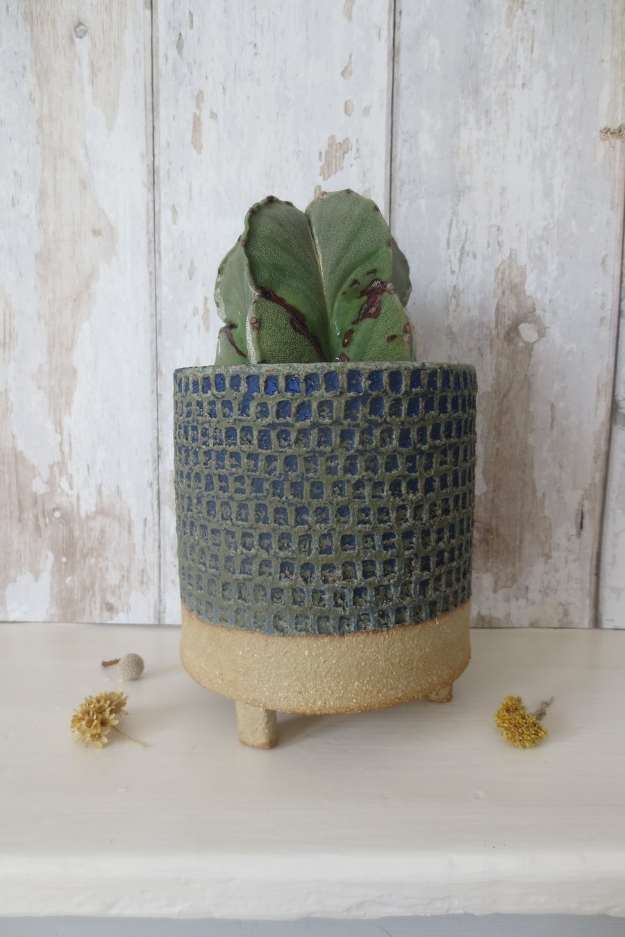 PLANTER hand-built stoneware pottery textured plant pot in matt green-blue