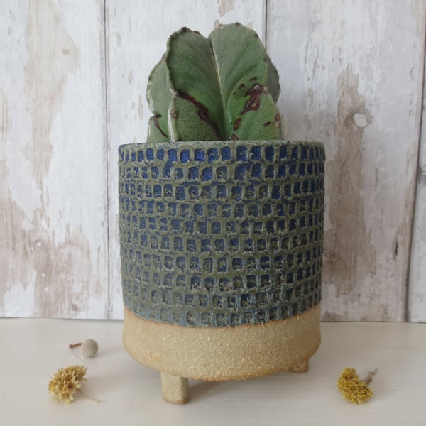 Hand-built stoneware pottery textured plant pot in matt green-blue