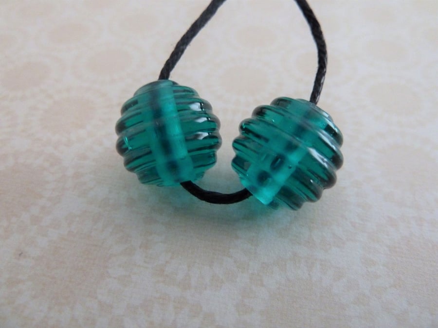 green teal handmade lampwork glass bead pair
