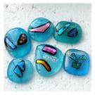 6 Turquoise fused glass Dichroic decorated cabochons flat back nuggets jewellery