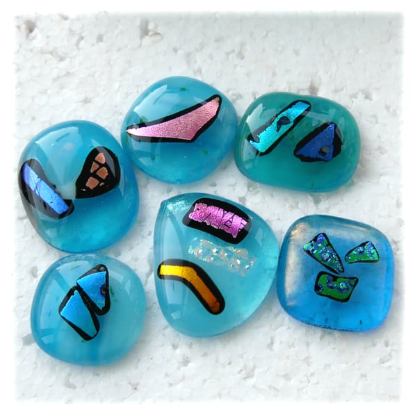 6 Turquoise fused glass Dichroic decorated cabochons flat back nuggets jewellery