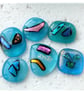 6 Turquoise fused glass Dichroic decorated cabochons flat back nuggets jewellery