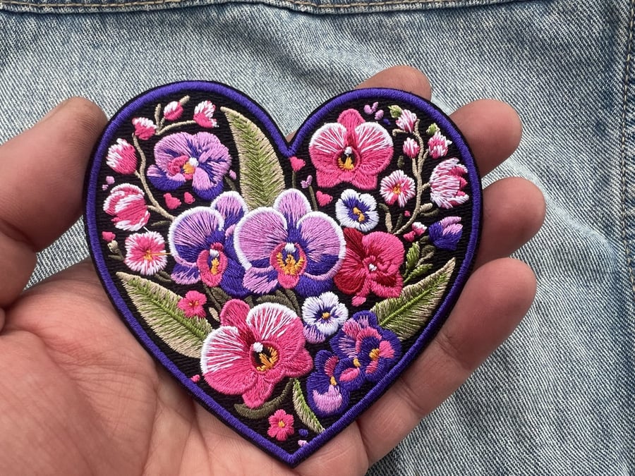 Purple Orchid Love Heart Embroidered Patch Iron On Sew On Floral Badge