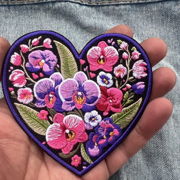 Purple Orchid Love Heart Embroidered Patch Iron On Sew On Floral Badge